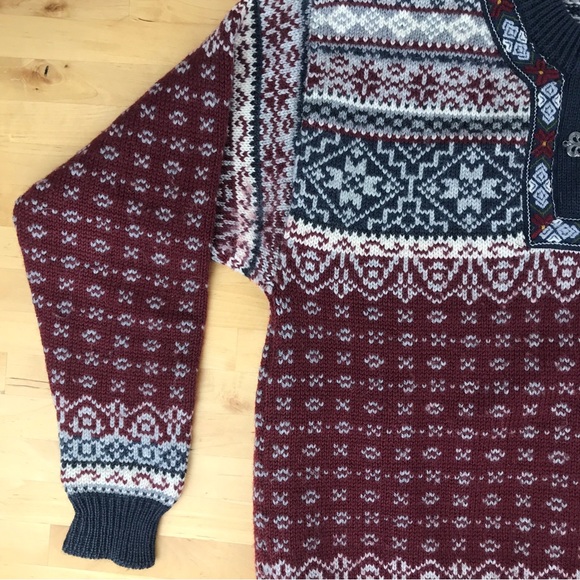 SOLD: Norwear Fair Isle Wool Sweater Folk Metal Clasps Made in Iceland Burgundy - Picture 8 of 16